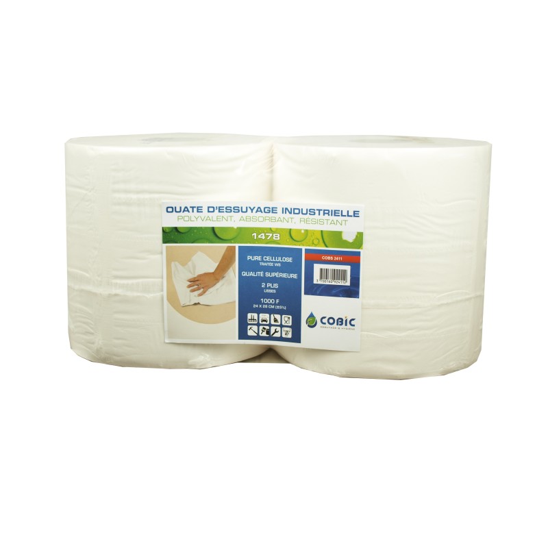 Bobine d'essuie-mains blanche pure ouate de cellulose très résistante avec  grande capacité d'absorption 450 feuilles - paquet de 6