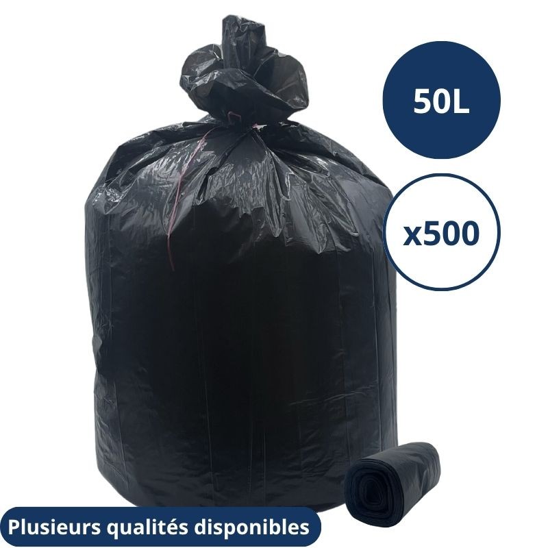Sacs poubelle noir 50L avec lien coulissant - Carton de 200 ou 500