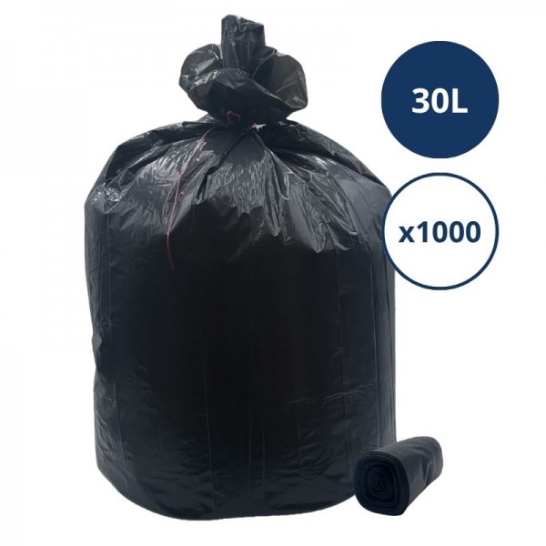 Sacs poubelle 30L noir avec lien coulissant - Carton de 500 ou 1000